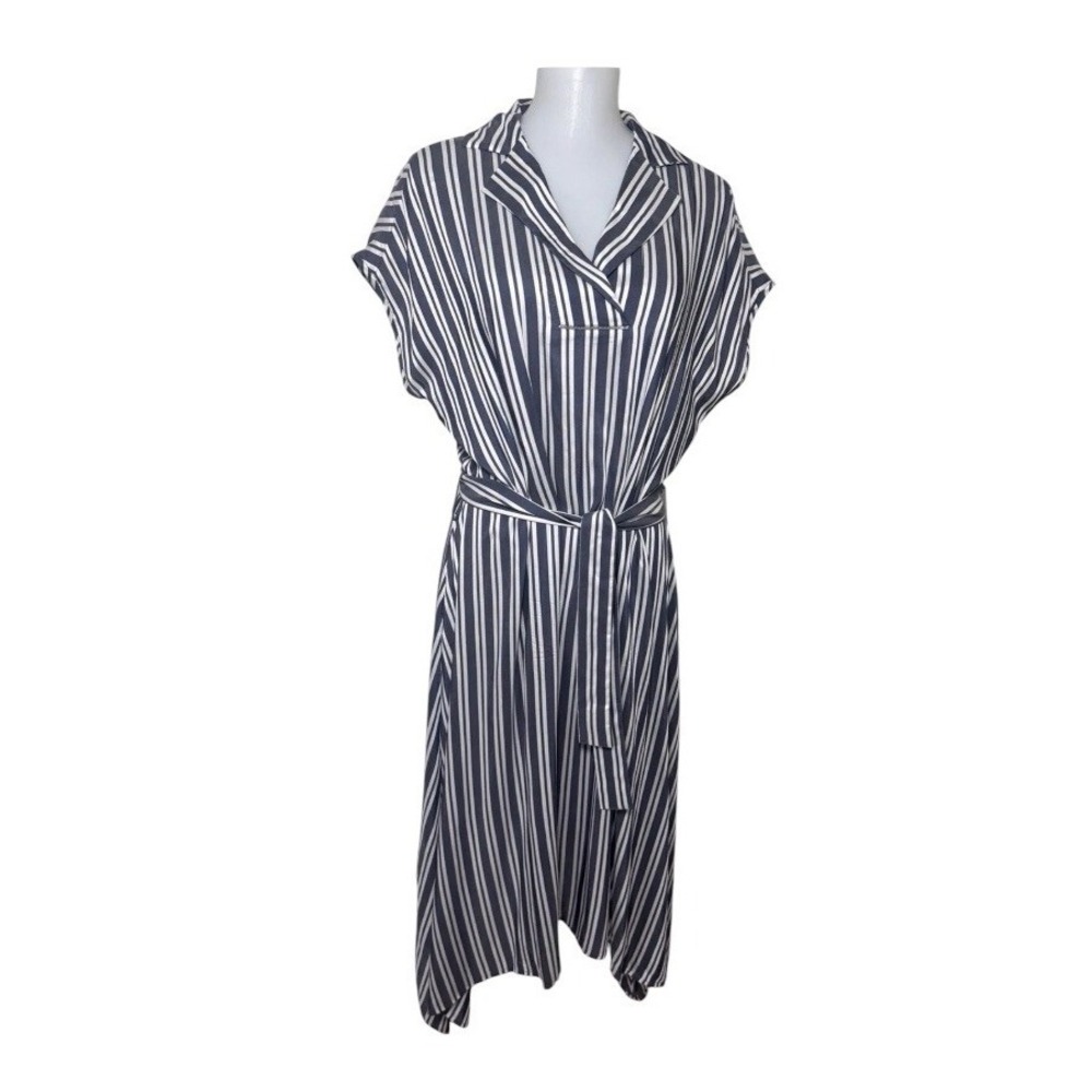 Peserico Striped Midi Shirt Dress Tie Belt Silk Blend Size 42/Medium Blue White
